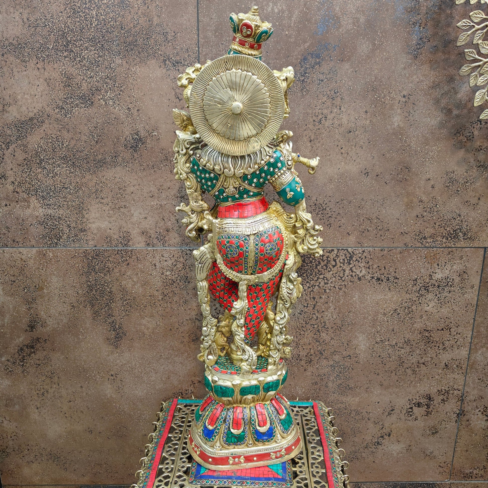 Divine Brass Krishna Statue with Stone Work 29 Inch - Image 9