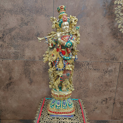 Divine Brass Krishna Statue with Stone Work 29 Inches by vendor-unknown - Hindu Gods (View 3)