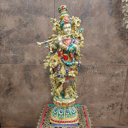 Divine Brass Krishna Statue with Stone Work 29 Inches by vendor-unknown - Hindu Gods