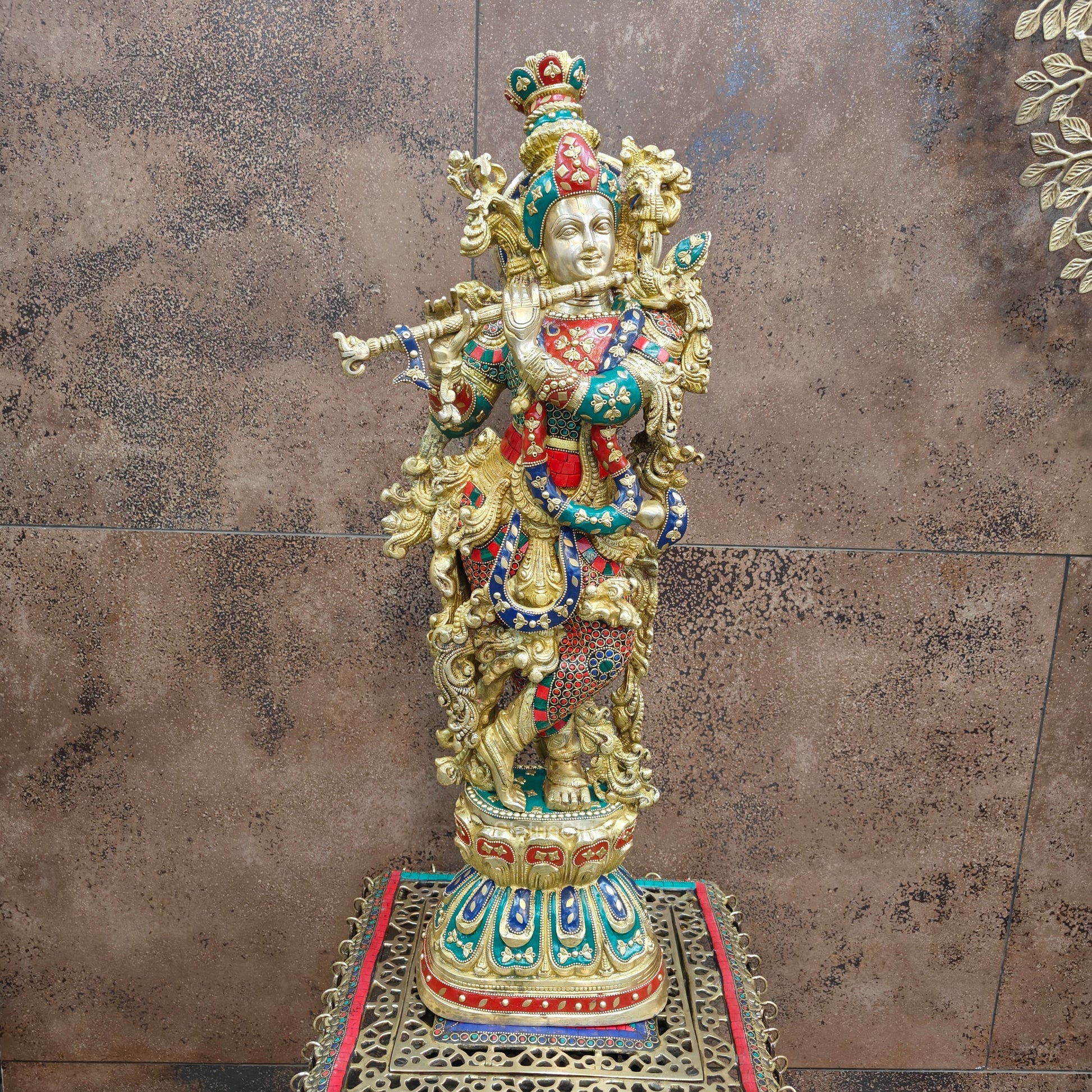Divine Brass Krishna Statue with Stone Work 29 Inches - Image 4