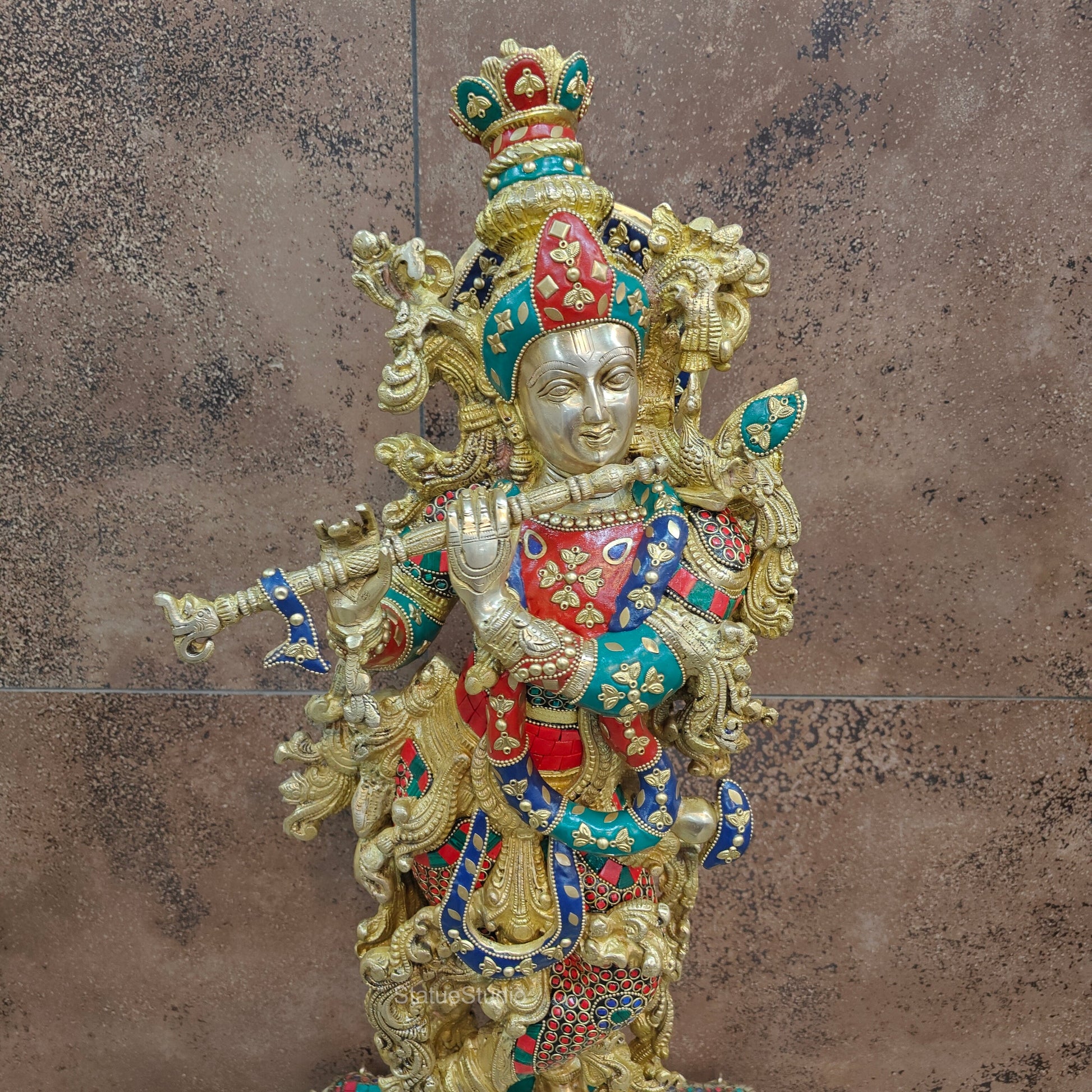 Divine Brass Krishna Statue with Stone Work 29 Inches - Image 2