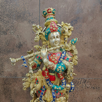 Divine Brass Krishna Statue with Stone Work 29 Inches by vendor-unknown - Hindu Gods (View 5)