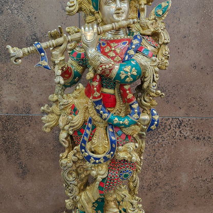Divine Brass Krishna Statue with Stone Work 29 Inches by vendor-unknown - Hindu Gods (View 6)