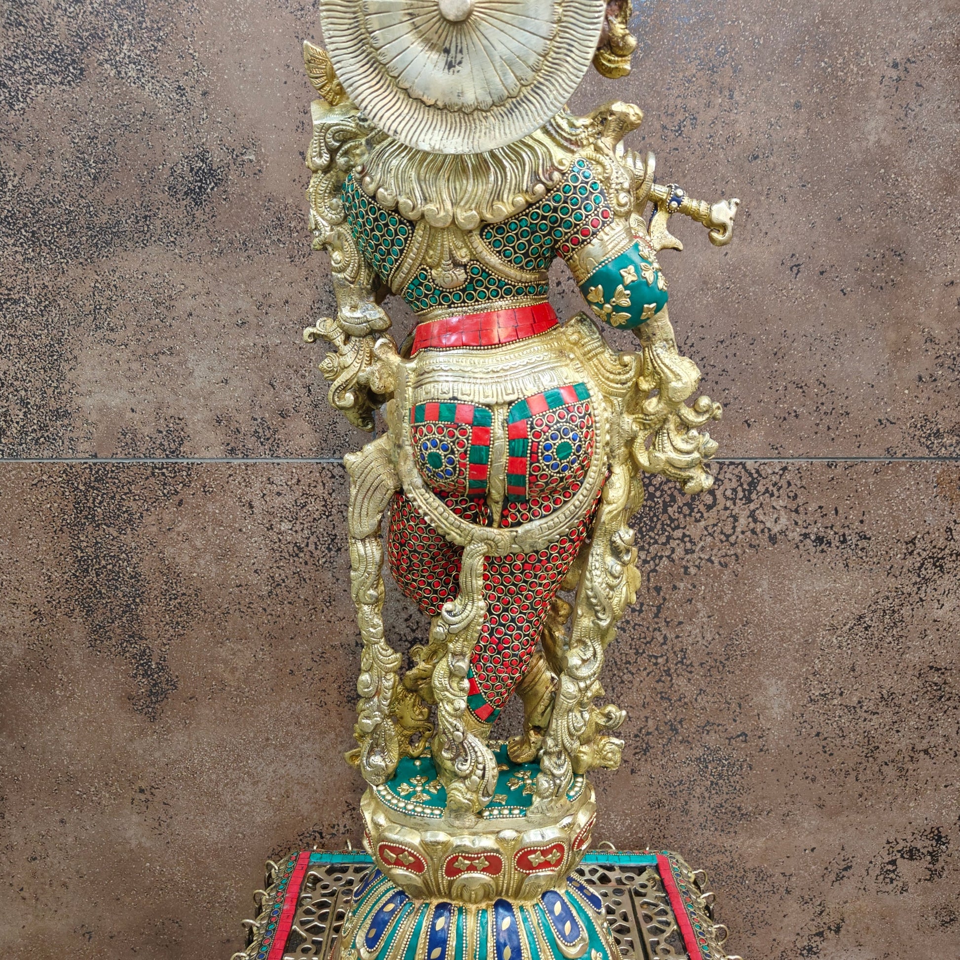 Divine Brass Krishna Statue with Stone Work 29 Inches - Image 8