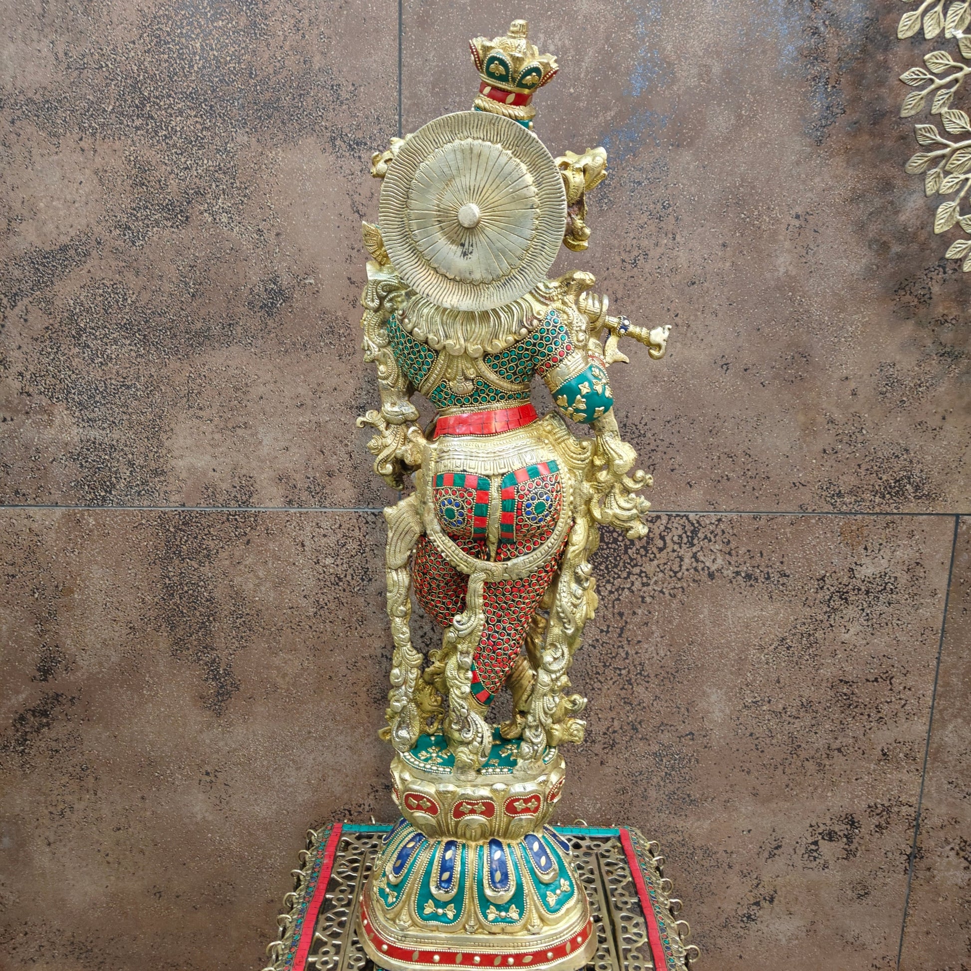 Divine Brass Krishna Statue with Stone Work 29 Inches - Image 9