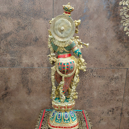 Divine Brass Krishna Statue with Stone Work 29 Inches by vendor-unknown - Hindu Gods (View 9)