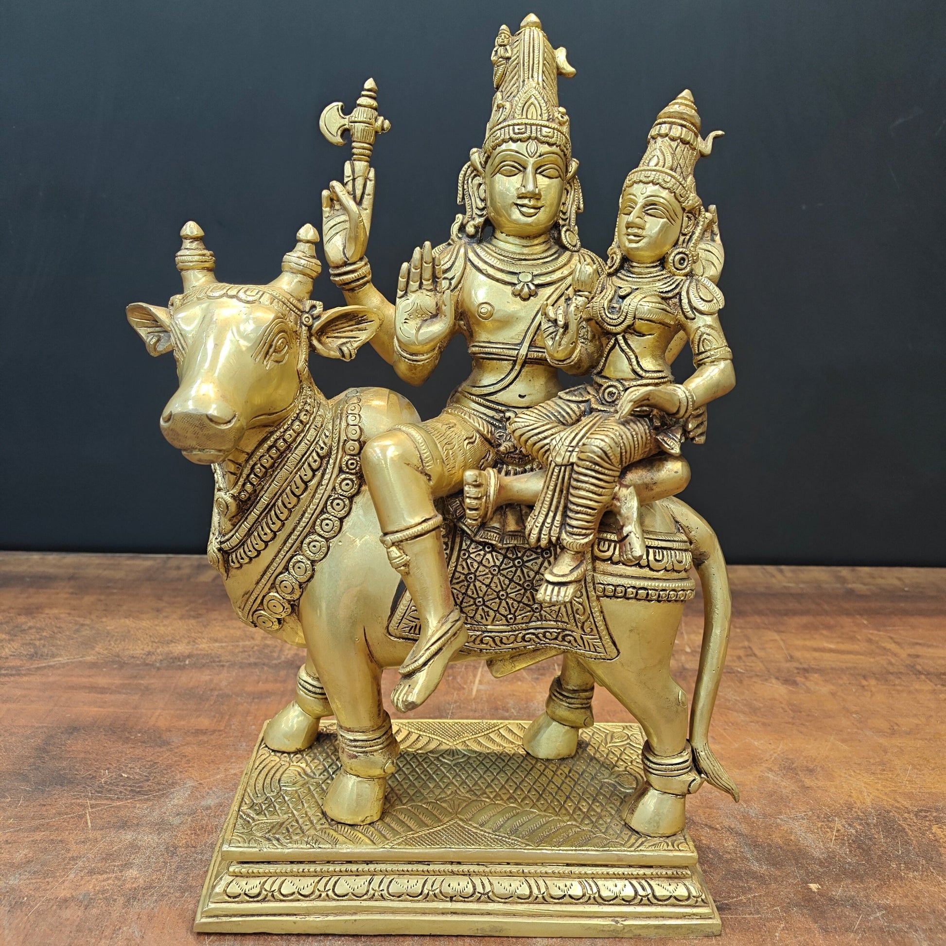 Brass Superfine Lord Shiva Parvati Idol Seated On Nandi 16 Inch - Eco-friendly - Sama Homes
