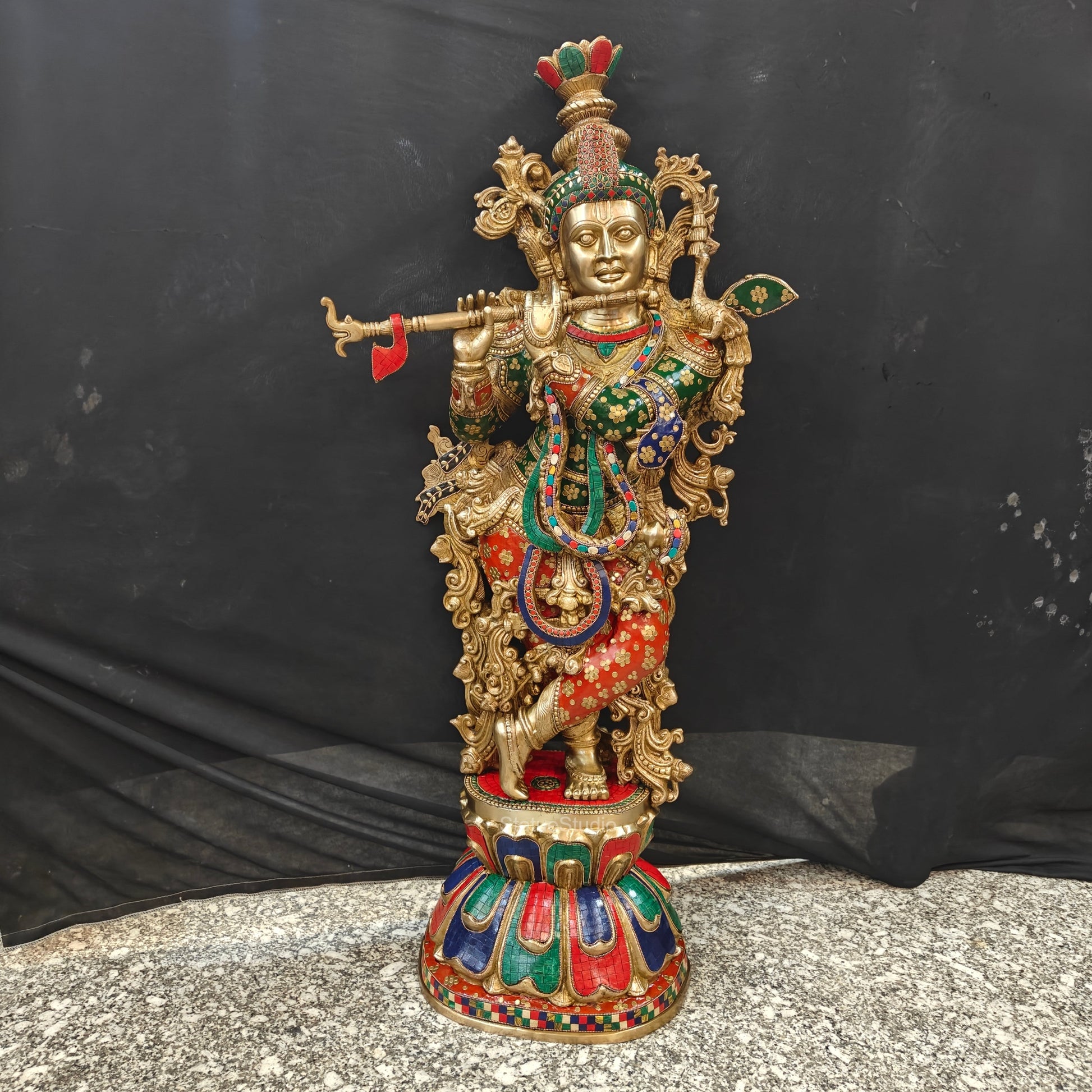 Divine Big Brass Krishna Statue with Stone Work 47 Inches - Image 3
