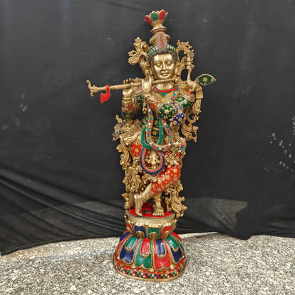 Divine Big Brass Krishna Statue with Stone Work 47 Inches by vendor-unknown - Hindu Gods (View 3)