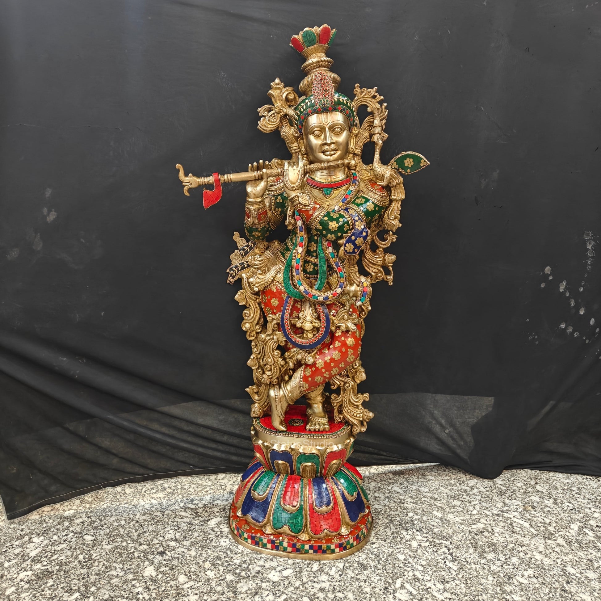 Divine Big Brass Krishna Statue with Stone Work 47 Inches - Image 4