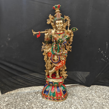 Divine Big Brass Krishna Statue with Stone Work 47 Inches by vendor-unknown - Hindu Gods (View 4)