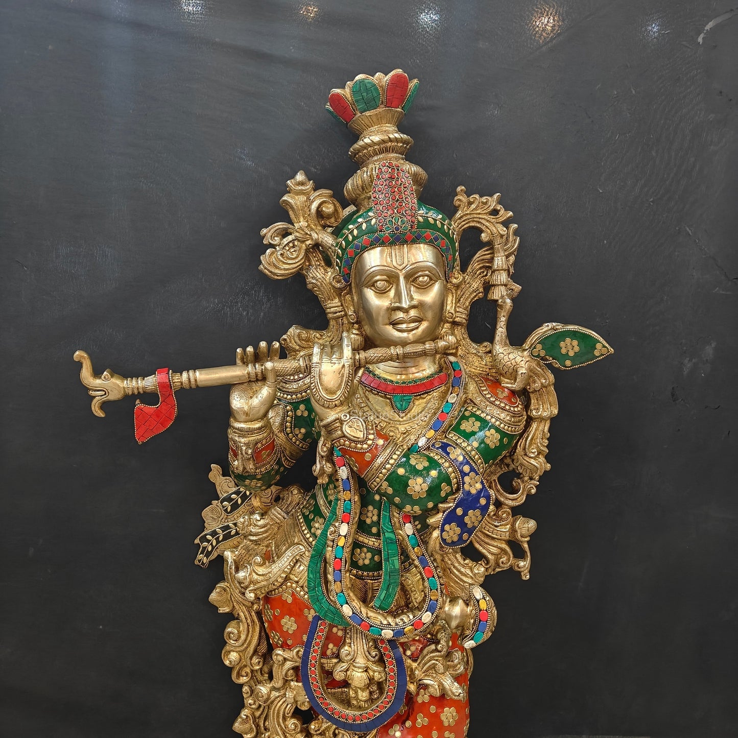 Divine Big Brass Krishna Statue with Stone Work 47 Inches