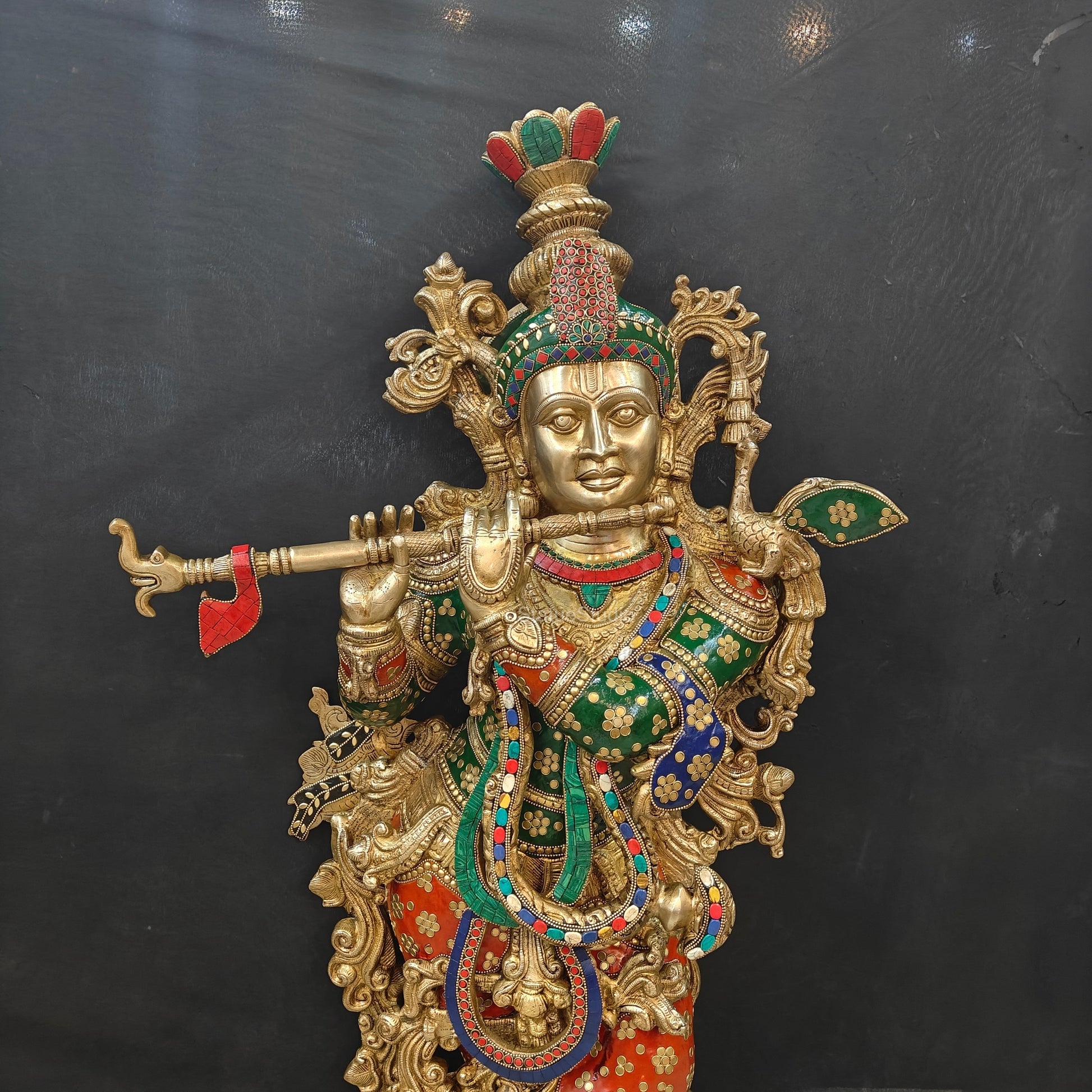 Divine Big Brass Krishna Statue with Stone Work 47 Inches - Image 5
