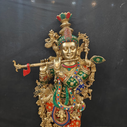 Divine Big Brass Krishna Statue with Stone Work 47 Inches by vendor-unknown - Hindu Gods (View 5)
