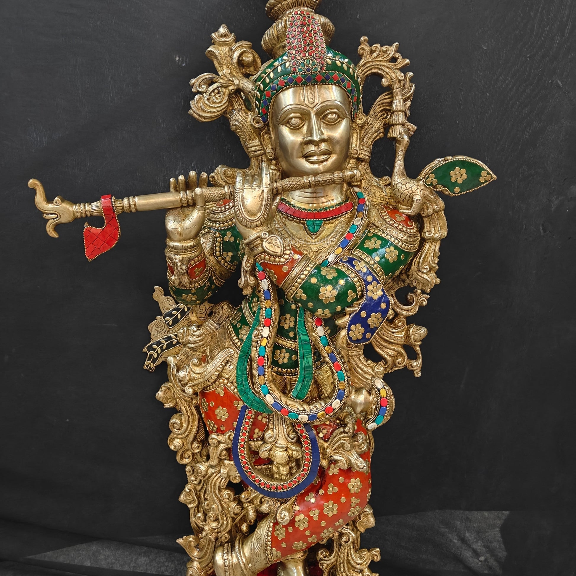 Divine Big Brass Krishna Statue with Stone Work 47 Inches - Image 6