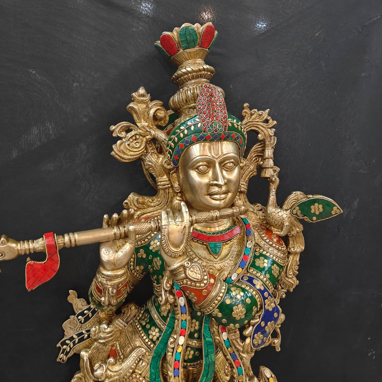 Divine Big Brass Krishna Statue with Stone Work 47 Inches