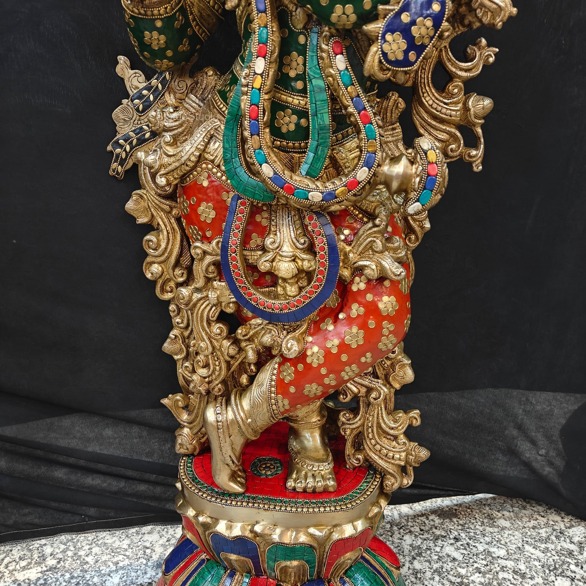 Divine Big Brass Krishna Statue with Stone Work 47 Inches - Image 8