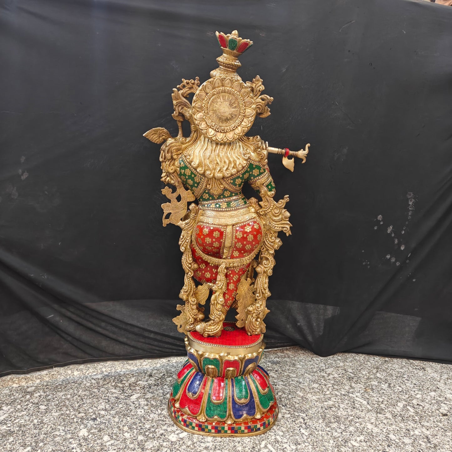 Divine Big Brass Krishna Statue with Stone Work 47 Inches