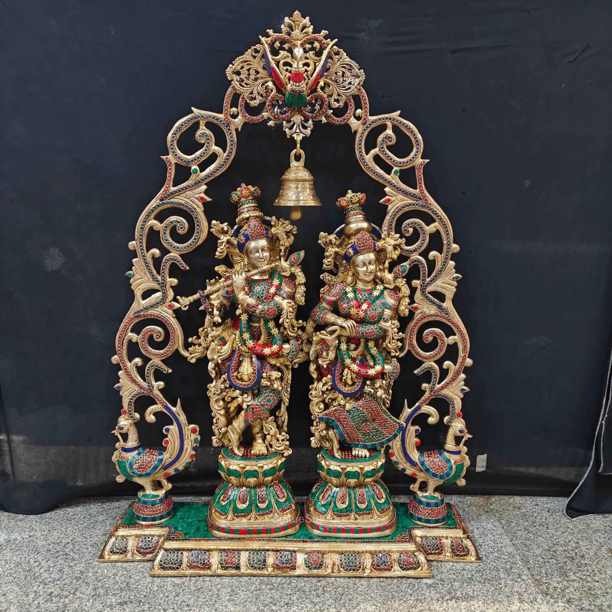 Brass Radha Krishna with Peacock Temple Arch Meenakari Statues 45 Inch - Image 2