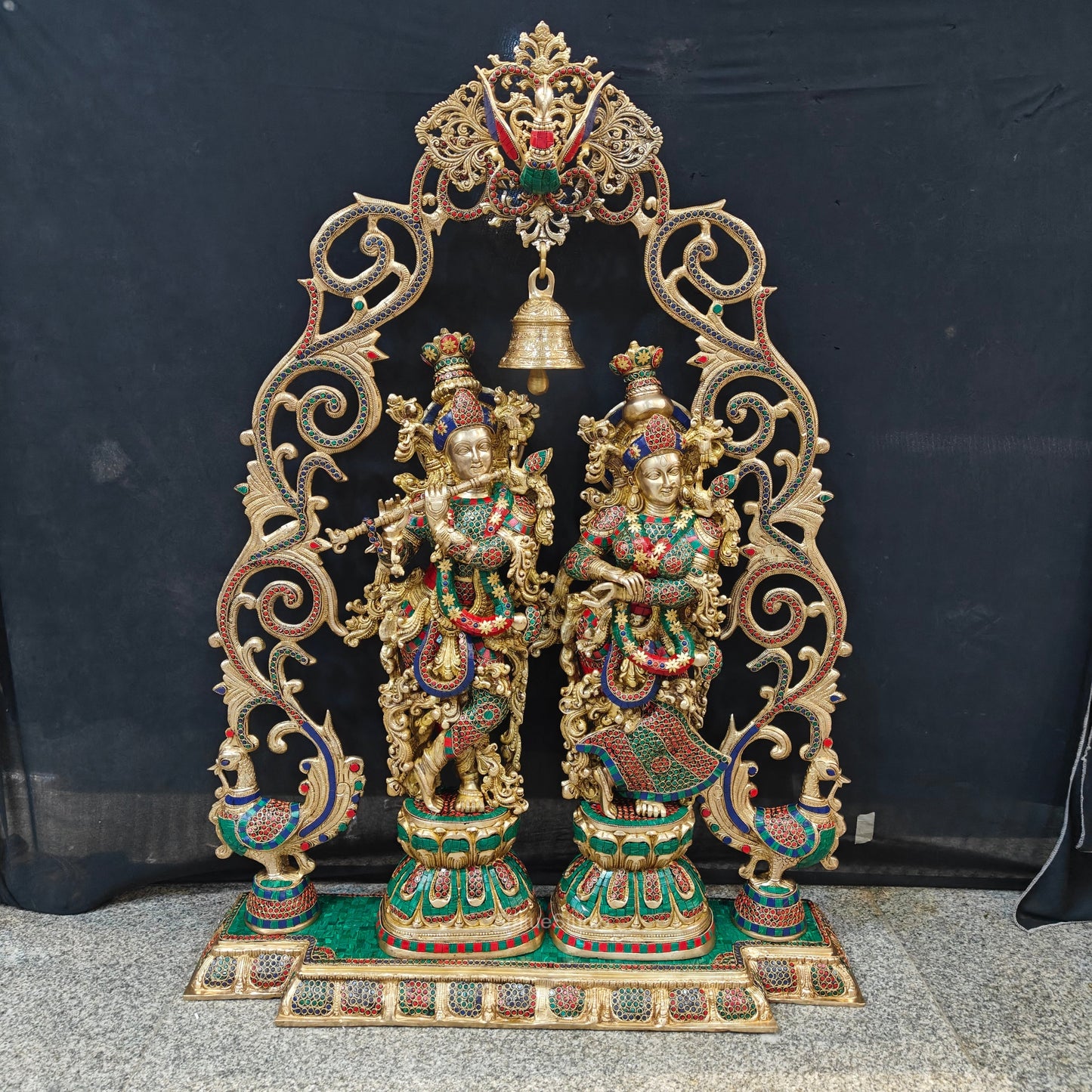 Brass Radha Krishna with Peacock Temple Arch Meenakari Statues 45 Inch