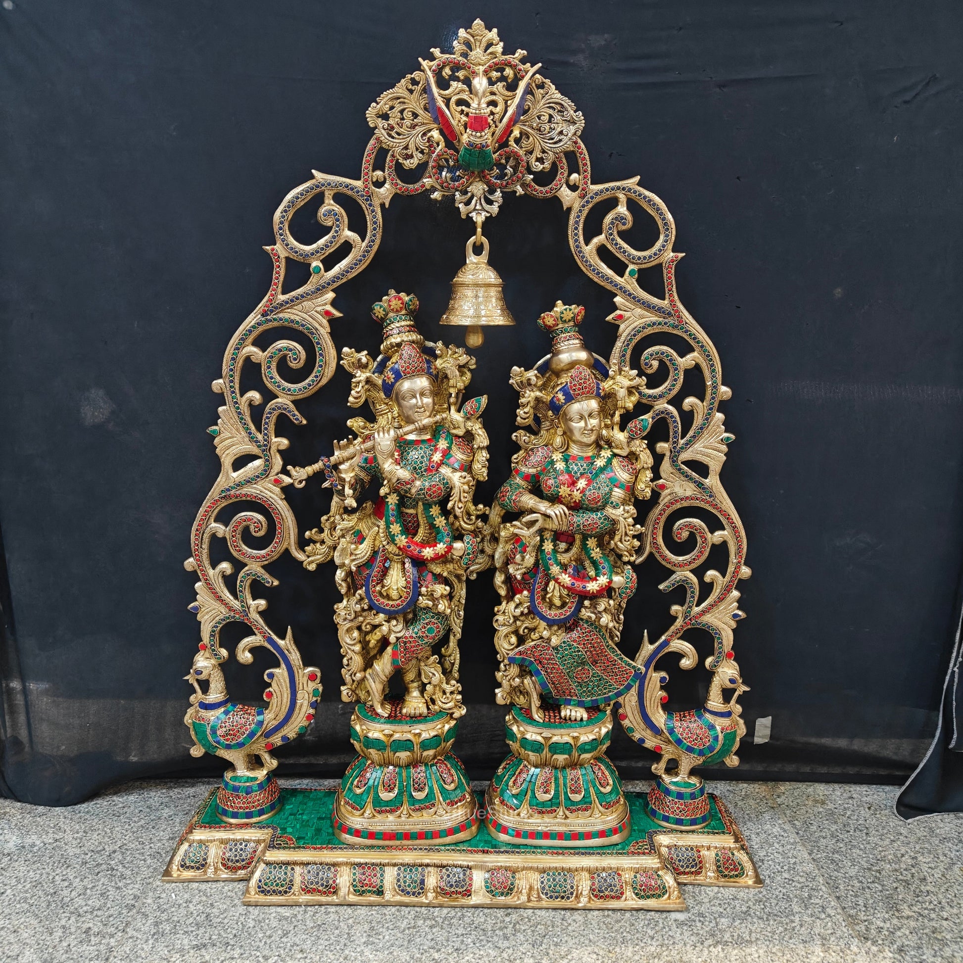 Brass Radha Krishna with Peacock Temple Arch Meenakari Statues 45 Inch - Image 3