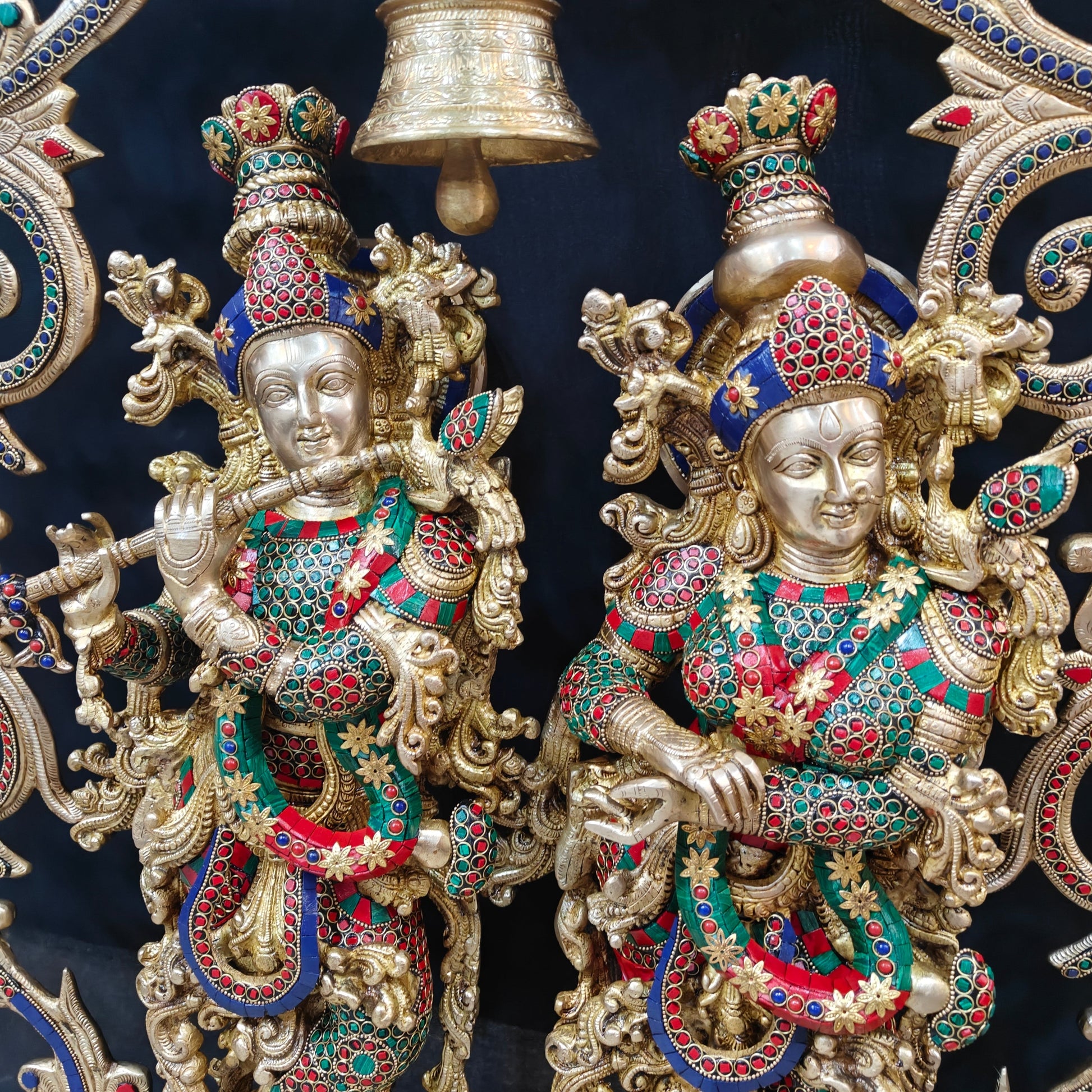 Brass Radha Krishna with Peacock Temple Arch Meenakari Statues 45 Inch - Image 6