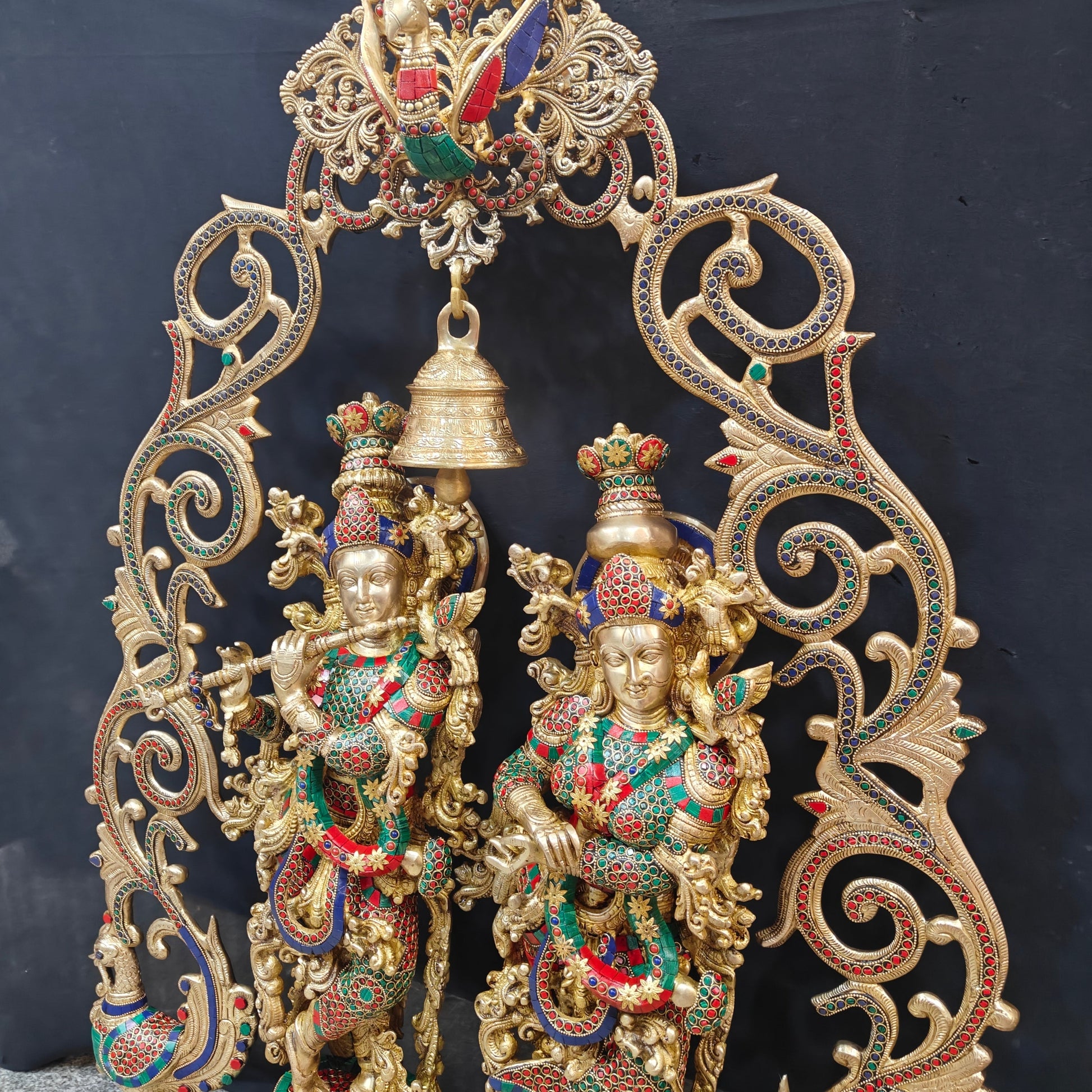 Brass Radha Krishna with Peacock Temple Arch Meenakari Statues 45 Inch - Image 7