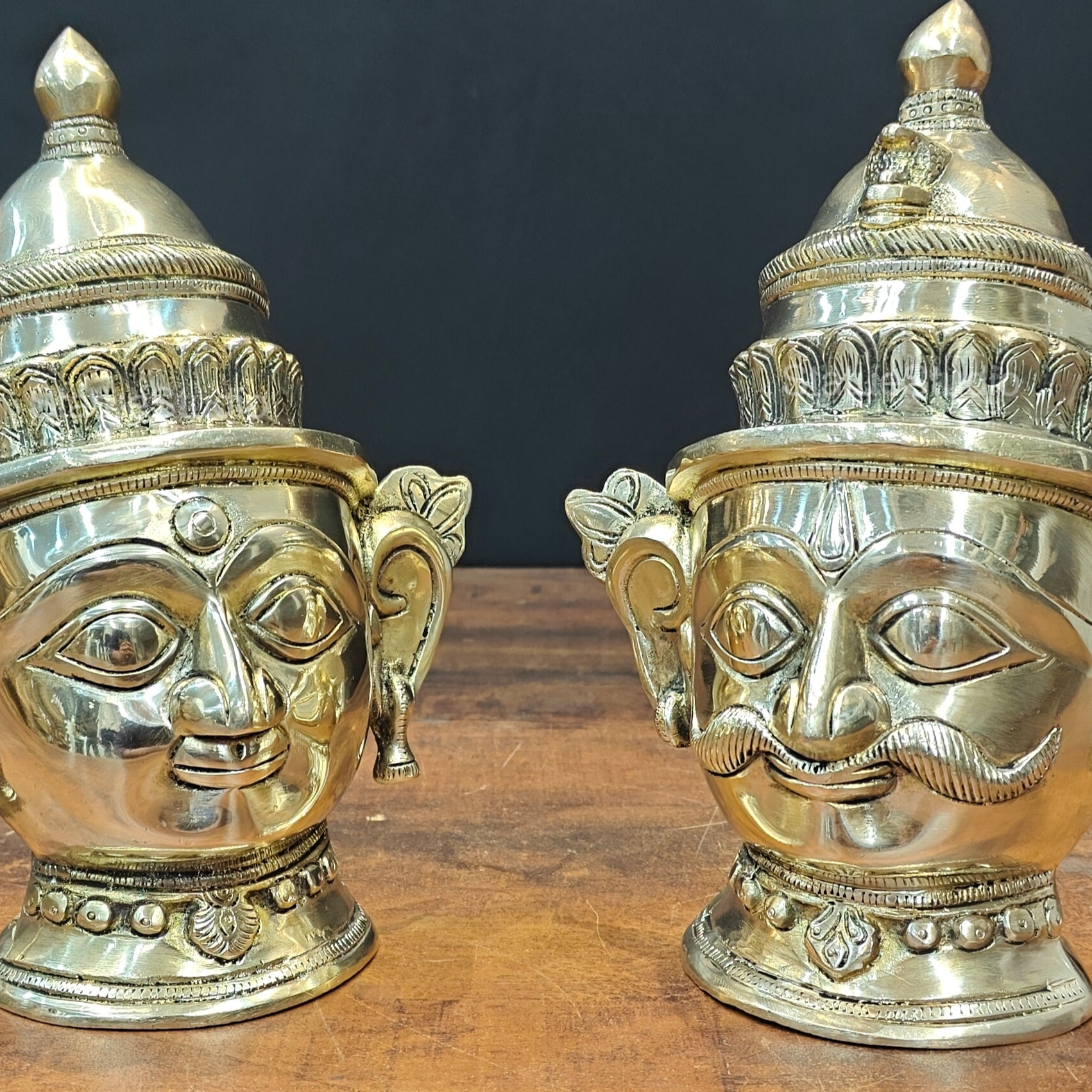 Brass Shiva Parvati Head Pair Statue 8.5 Inch - Image 2