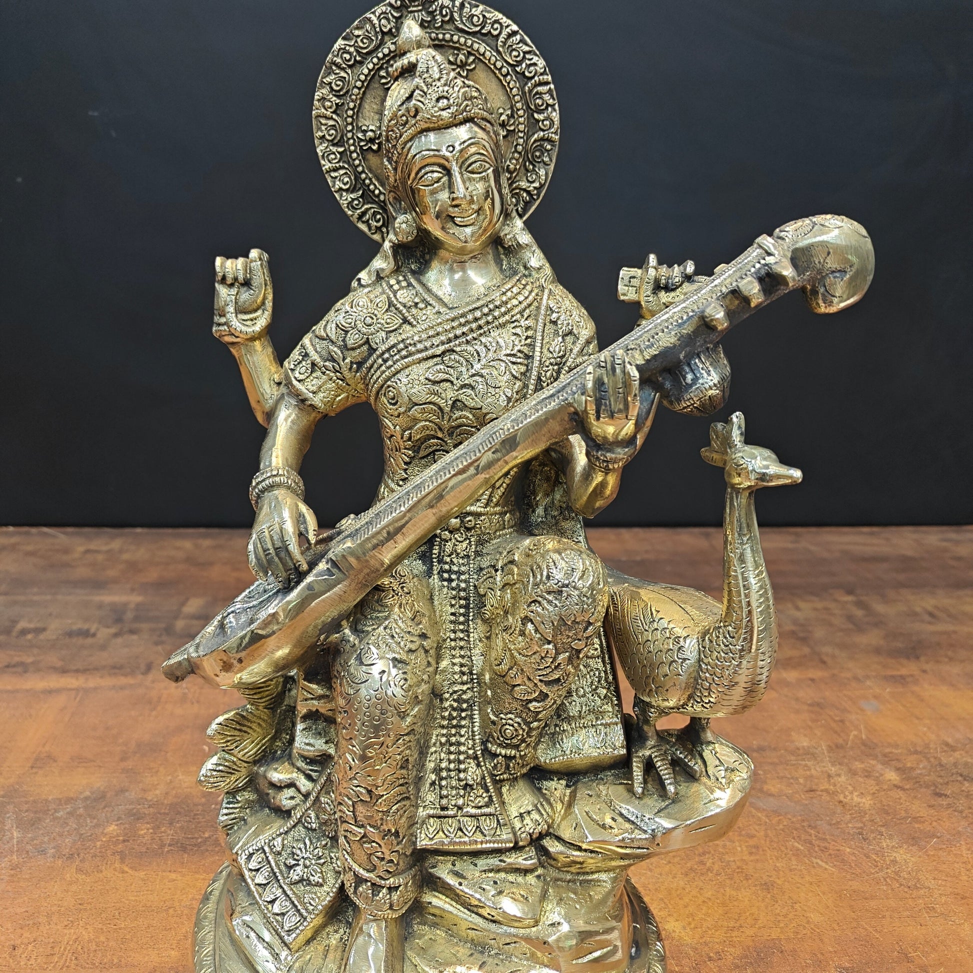 Brass Goddess Saraswati Statue Playing Veena 15 Inches - Image 2