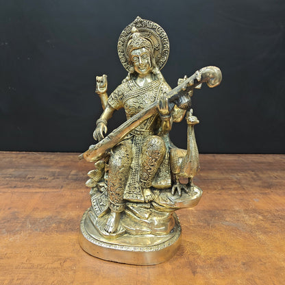Brass Goddess Saraswati Statue Playing Veena 15 Inches by vendor-unknown - Hindu Gods (View 5)