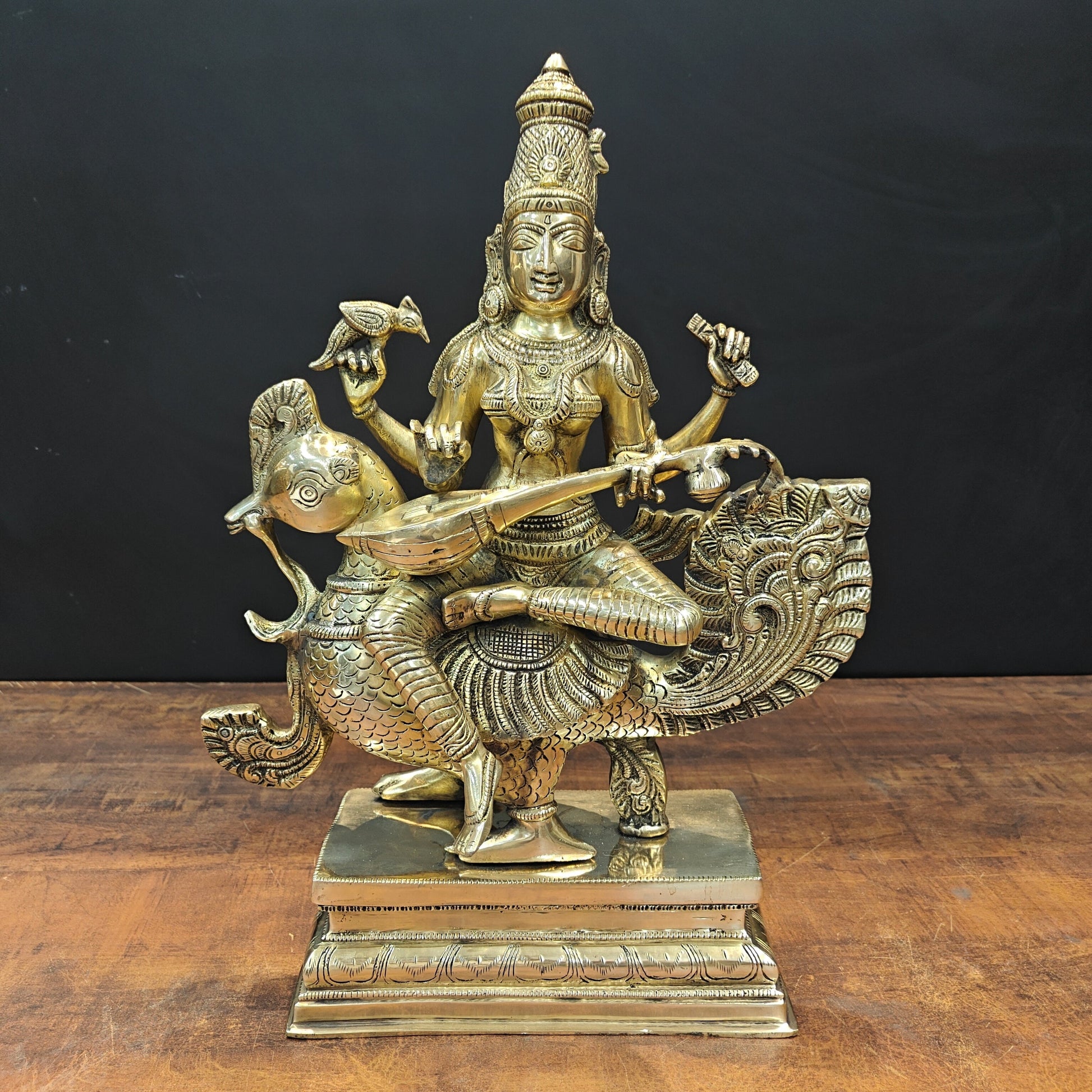 Brass Goddess Saraswati Idol Sitting On Swan Playing Veena 19 Inches - Eco-friendly - Sama Homes