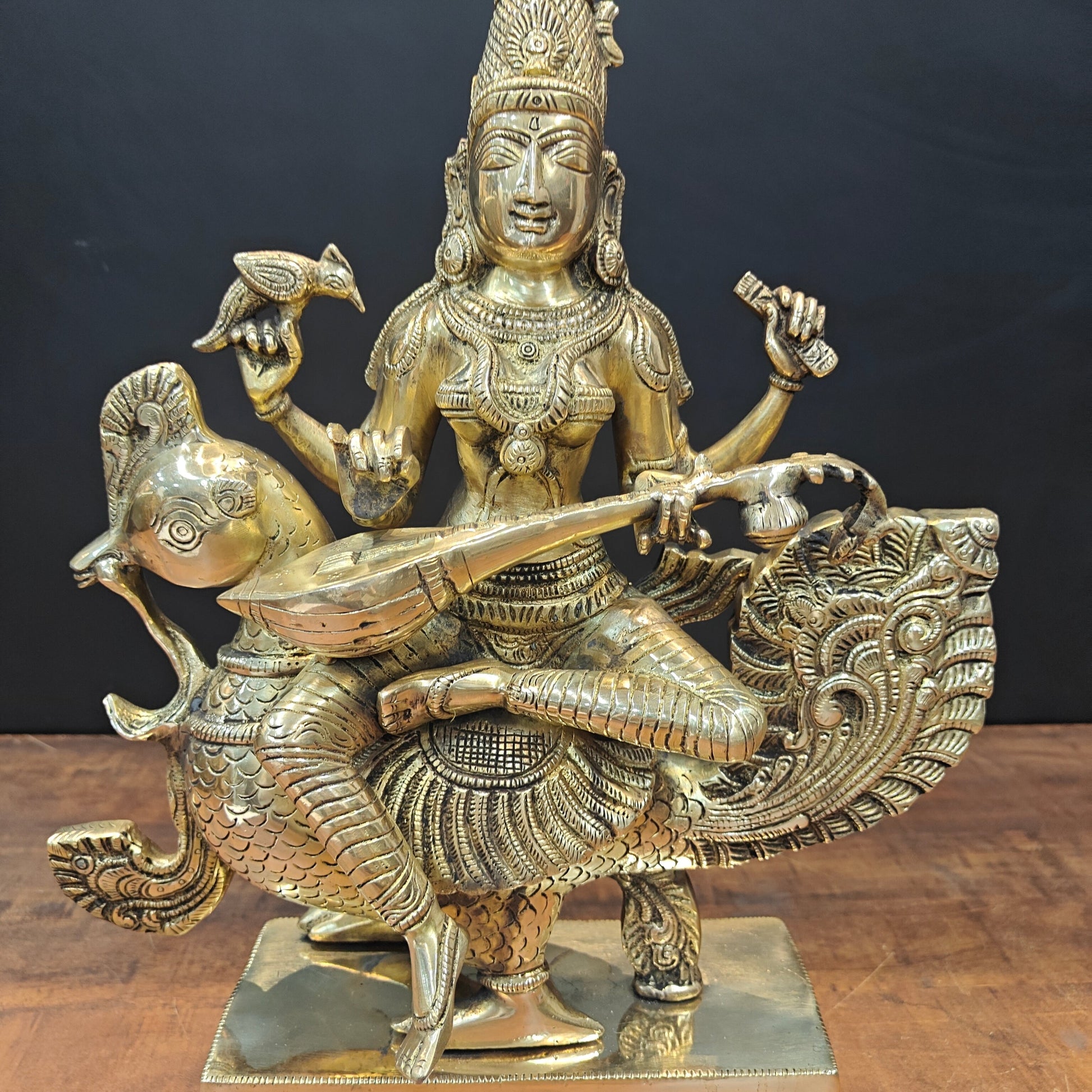 Brass Goddess Saraswati Idol Sitting On Swan Playing Veena 19 Inches - Image 2
