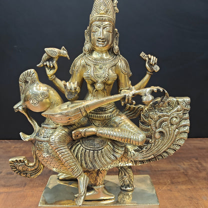 Brass Goddess Saraswati Idol Sitting On Swan Playing Veena 19 Inches by vendor-unknown - Hindu Gods (View 2)