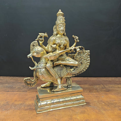 Brass Goddess Saraswati Idol Sitting On Swan Playing Veena 19 Inches by vendor-unknown - Hindu Gods (View 3)