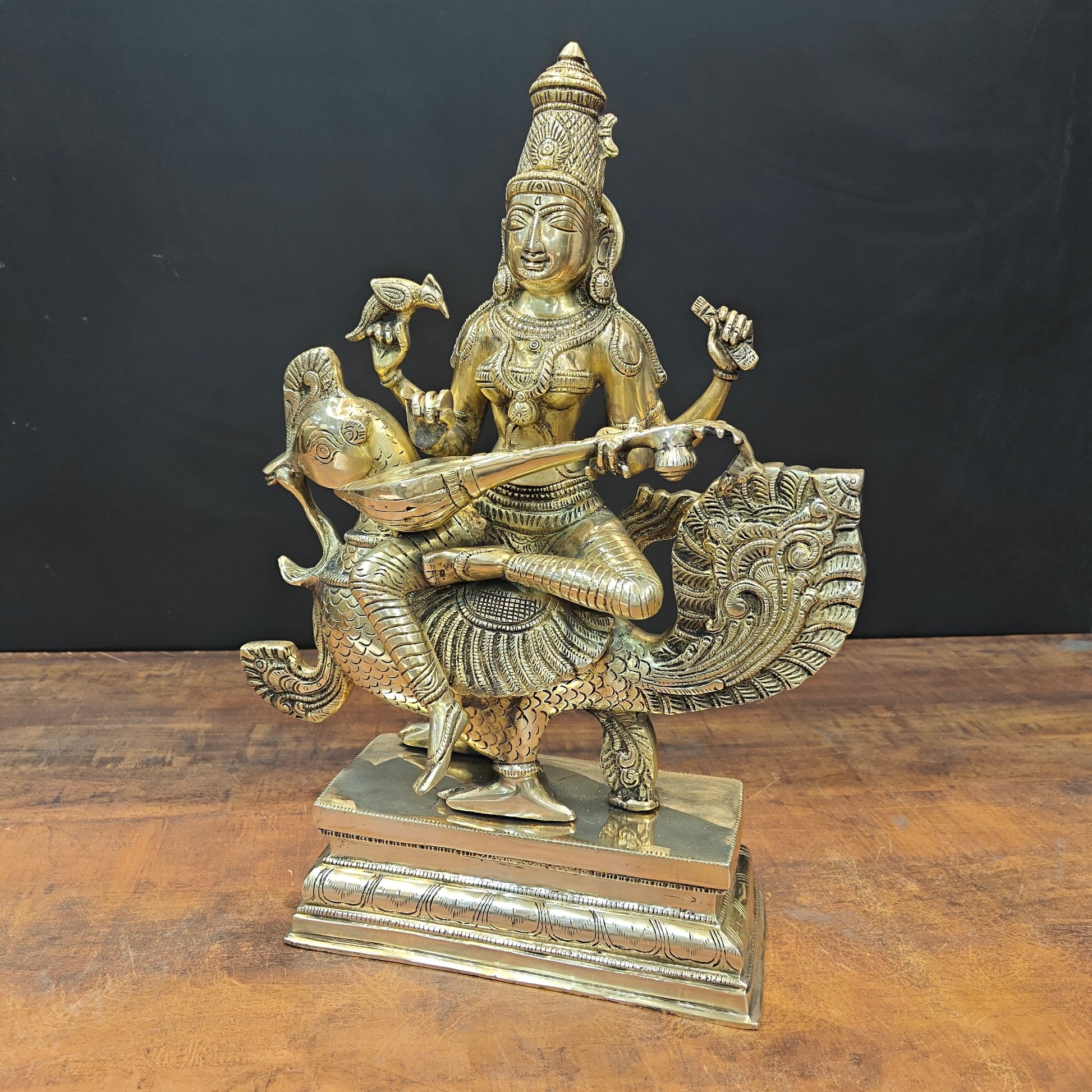 Brass Goddess Saraswati Idol Sitting On Swan Playing Veena 19 Inches - Image 4