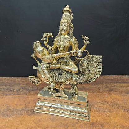 Brass Goddess Saraswati Idol Sitting On Swan Playing Veena 19 Inches by vendor-unknown - Hindu Gods (View 4)
