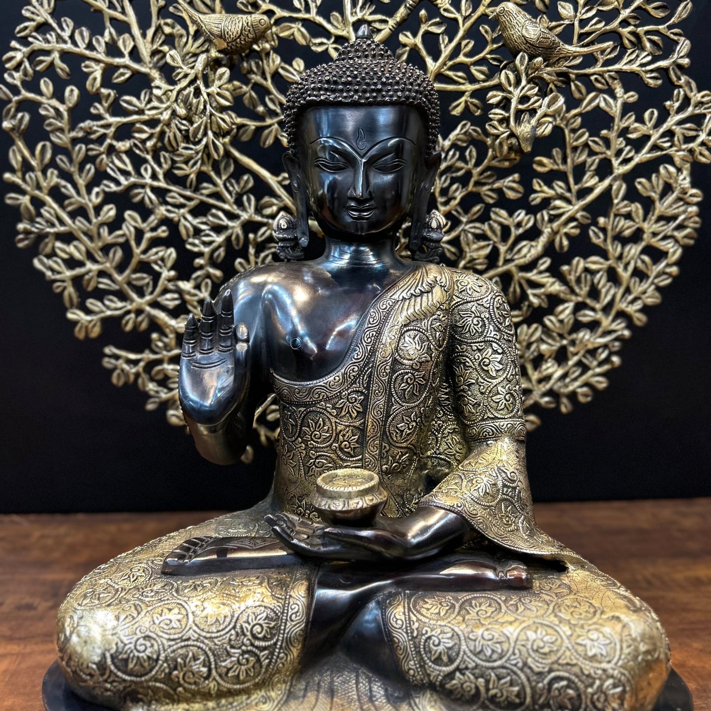 Brass Blessing Buddha Statue With Tree Antique Finish 29 Inches