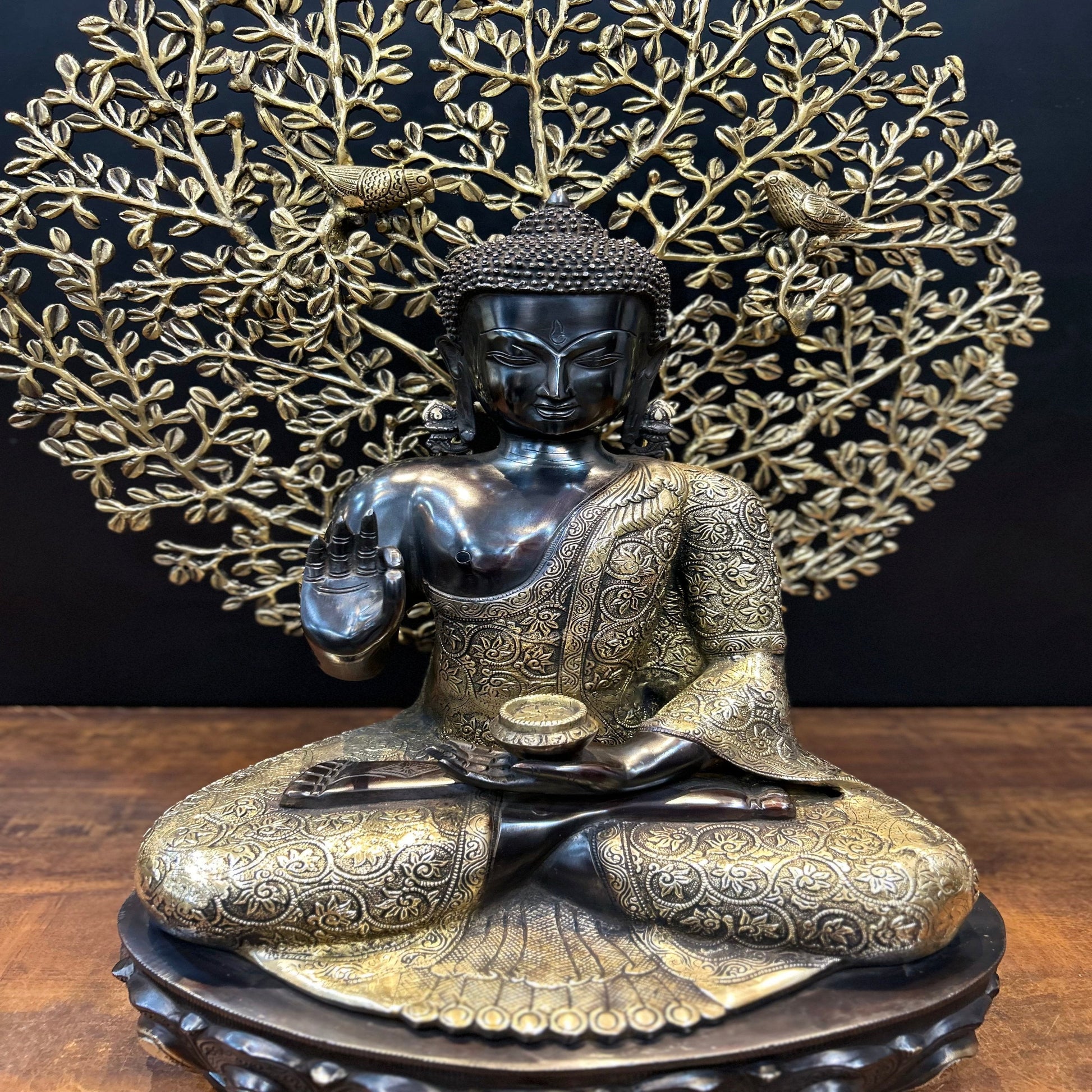 Brass Blessing Buddha Statue With Tree Antique Finish 29 Inches - Image 4