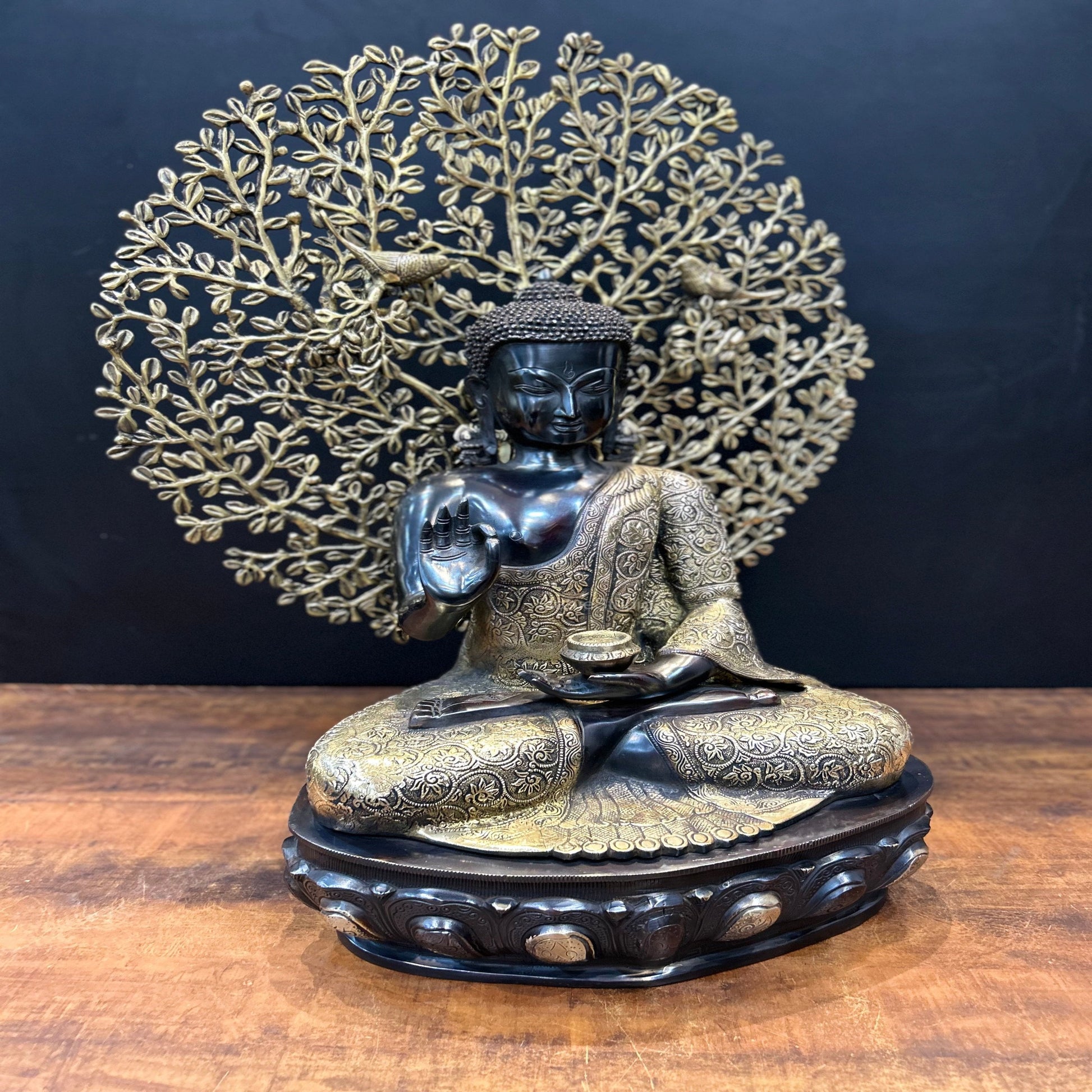 Brass Blessing Buddha Statue With Tree Antique Finish 29 Inches - Image 5