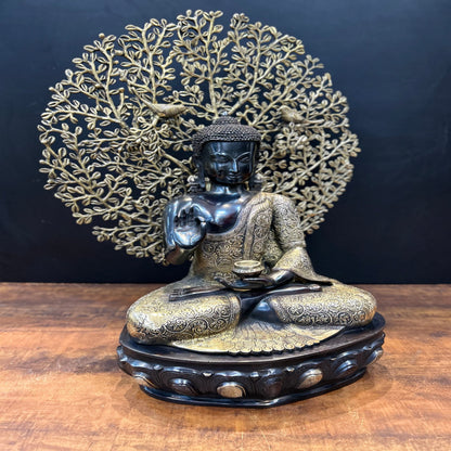 Brass Blessing Buddha Statue With Tree Antique Finish 29 Inches by vendor-unknown - Buddha (View 5)