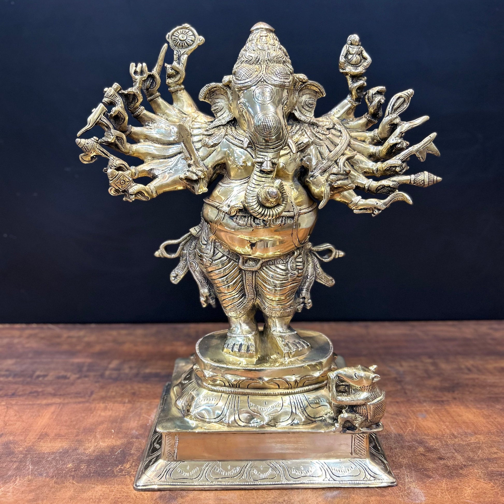 Brass Standing Ganesha Idol With 16 Arms 2 Feet - Image 3