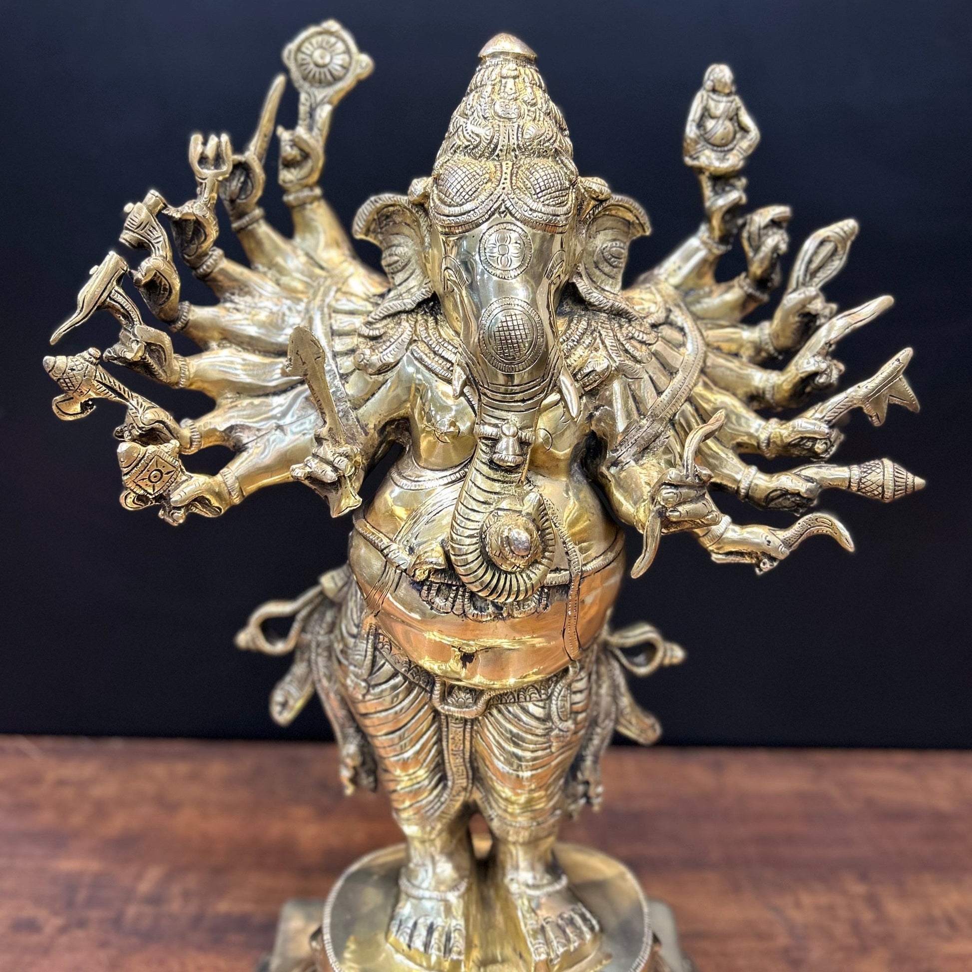 Brass Standing Ganesha Idol With 16 Arms 2 Feet - Image 4