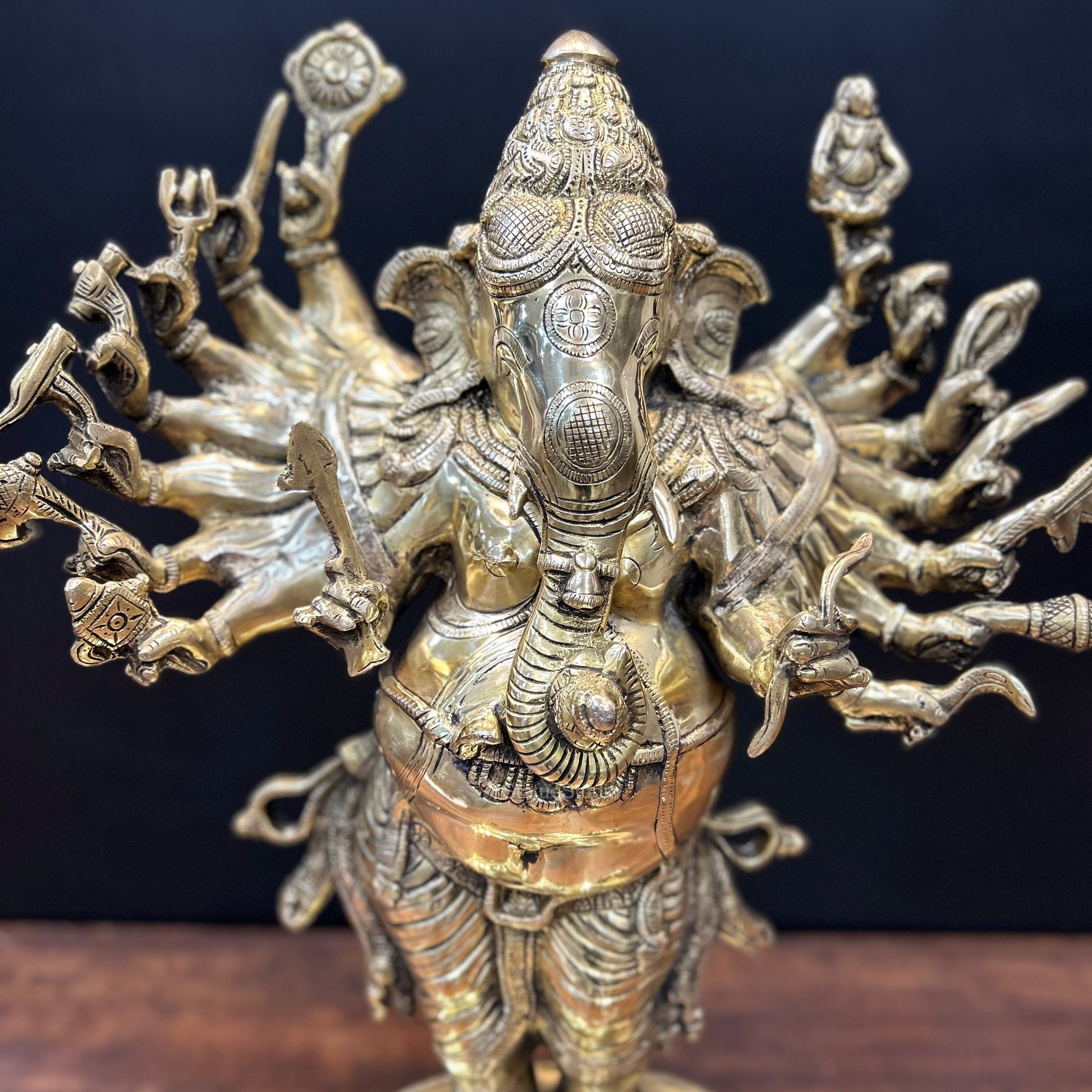 Brass Standing Ganesha Idol With 16 Arms 2 Feet - Image 5