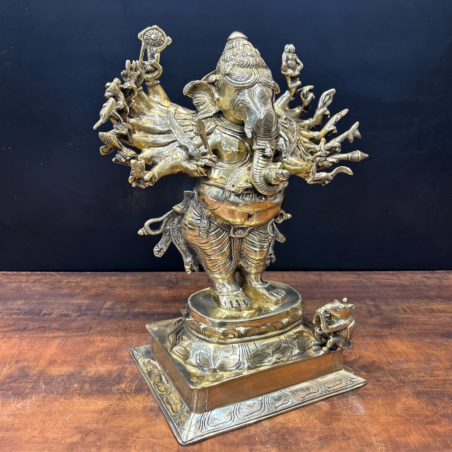 Brass Standing Ganesha Idol With 16 Arms 2 Feet