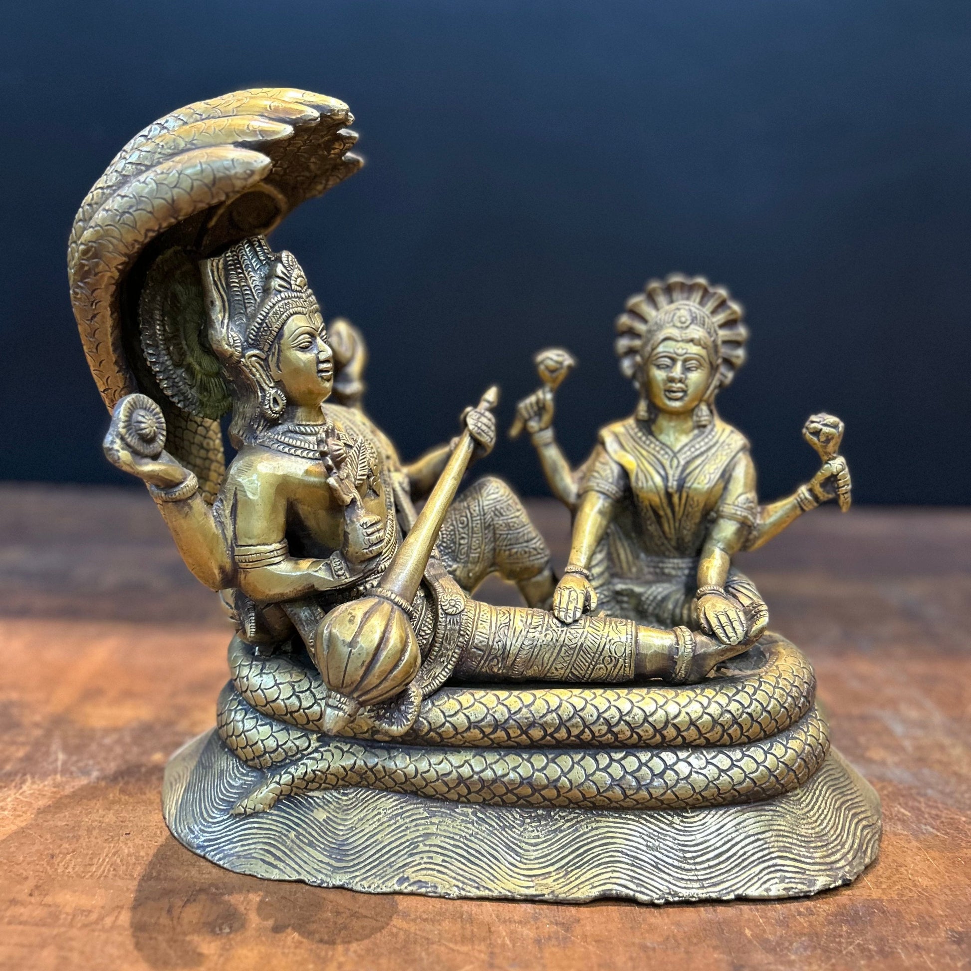 Brass Vishnu Lakshmi Idol Under Serpent Anqtiue Finish 1 Feet - Eco-friendly - Sama Homes