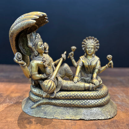 Brass Vishnu Lakshmi Idol Under Serpent Anqtiue Finish 1 Feet by vendor-unknown - Hindu Gods