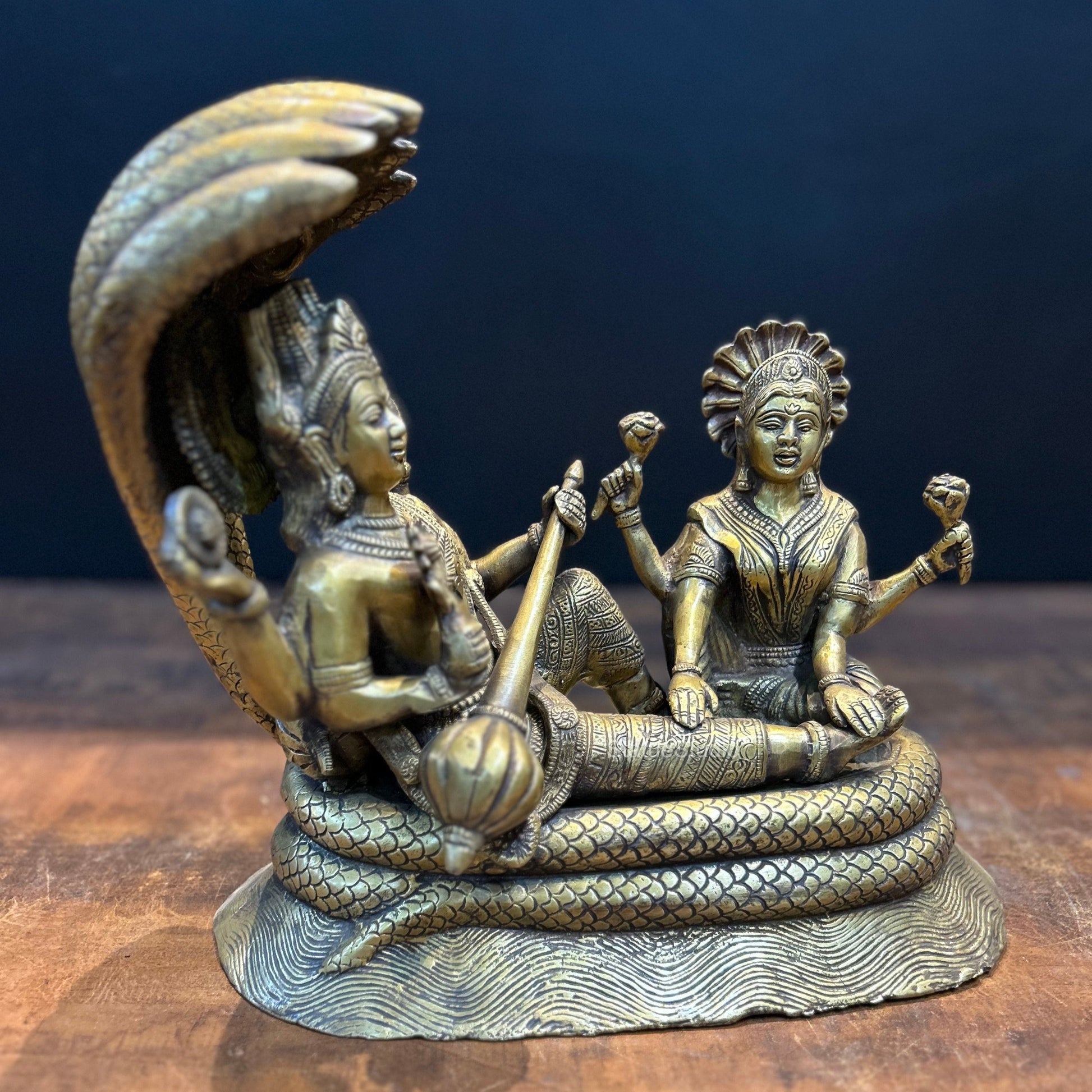 Brass Vishnu Lakshmi Idol Under Serpent Anqtiue Finish 1 Feet - Image 2