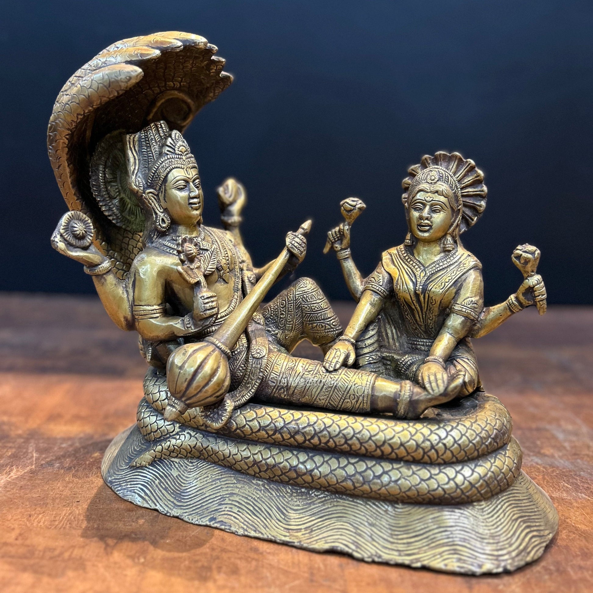 Brass Vishnu Lakshmi Idol Under Serpent Anqtiue Finish 1 Feet - Image 3