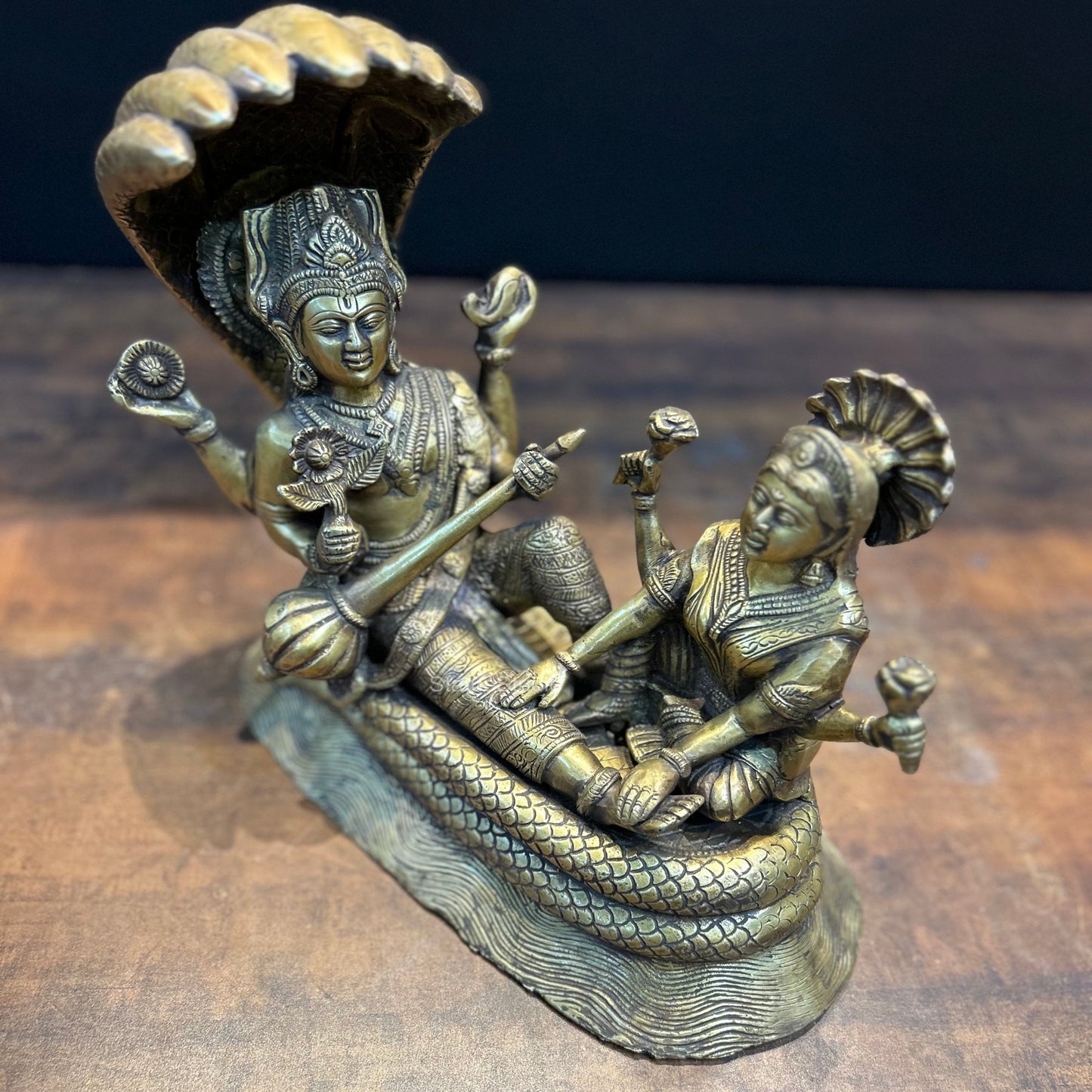Brass Vishnu Lakshmi Idol Under Serpent Anqtiue Finish 1 Feet