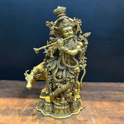 Brass Krishna Idol With Cow Antique Finish 26 Inches by vendor-unknown - Hindu Gods (View 3)